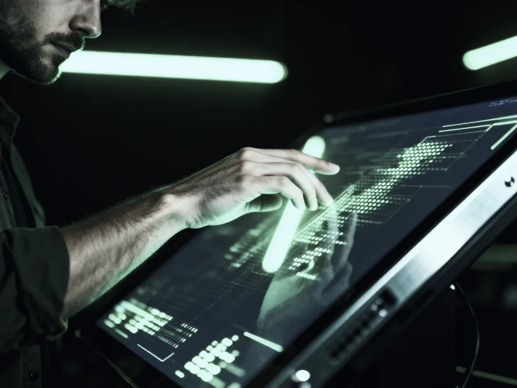Profissional interagindo com painel digital de dados